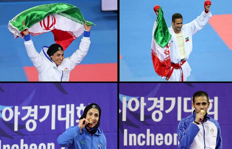 حمیده عباسعلی نماینده وزن به اضافه ۶۸ کیلوگرم و سعید حسنیپور نماینده وزن منهای ۷۵ کیلوگرم کاراته موفق به کسب مدال طلا در سیزدهمین روز بازیهای آسیایی اینچئون شدند./IRNA