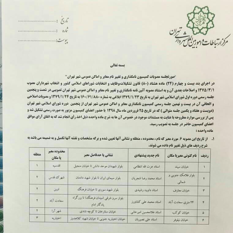 نام اخوان ثالث، مشیری، ابتهاج، انتظامی، شجریان و امیرخانی بر دیوار پایتخت ایران