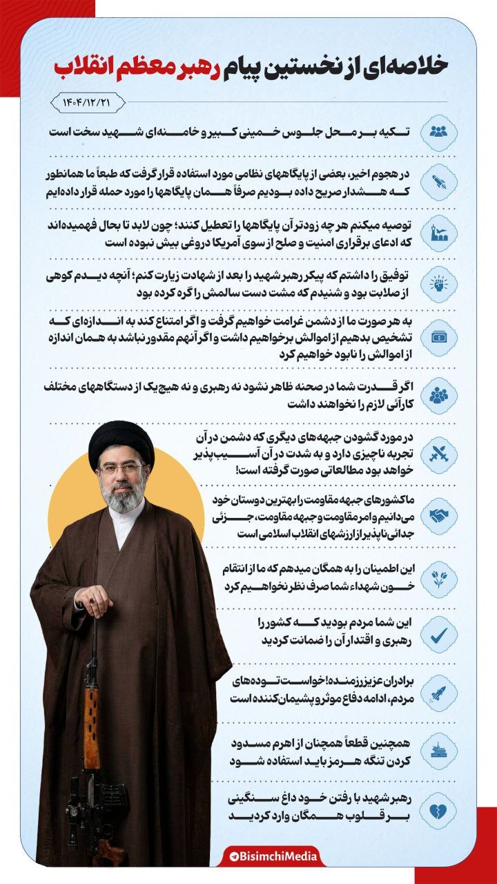 خلاصه‌ای از نخستین پیام آیت‌الله سید مجتبی خامنه‌ای