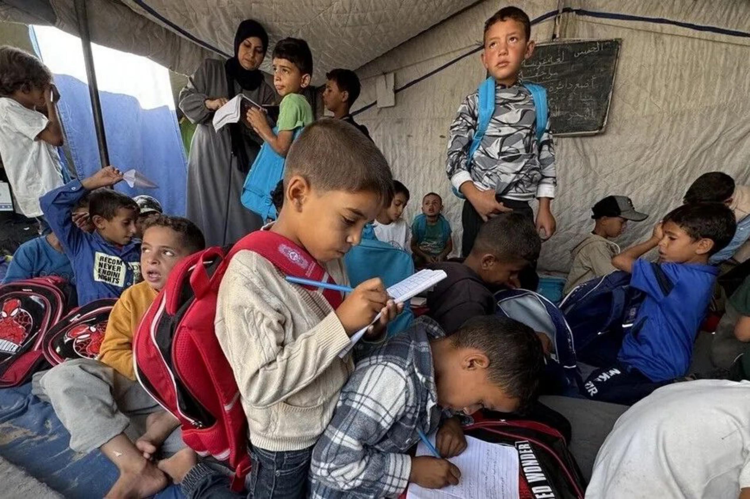 عکس: توزیع غذا میان دانش‌آموزان چادرنشین در غزه